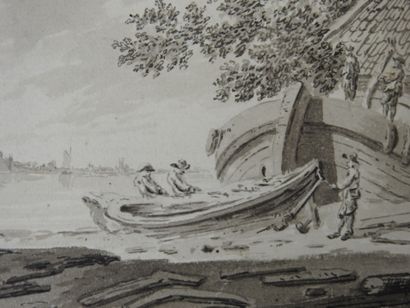null Hendrick TAVENIER (1734-1807): Sailors preparing a boat. Ink wash. Signed in...