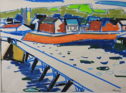 null Claude ALIOTTI (1925 - 1989) : Ville portuaire. Pastel, crayon gras. Signé en...