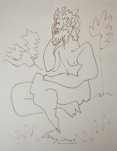 null Pablo PICASSO (1881-1973) d'après : Homme nu, assis. Zeus (?). Gravure sépia...
