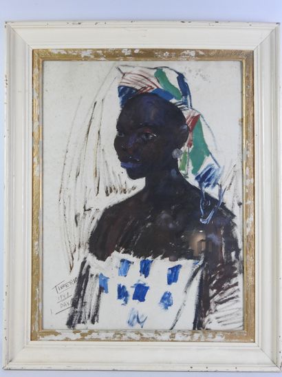 null Wilson TIBERIO (1920-2005, Brésil) : Portrait d'africaine. Huile sur papier....