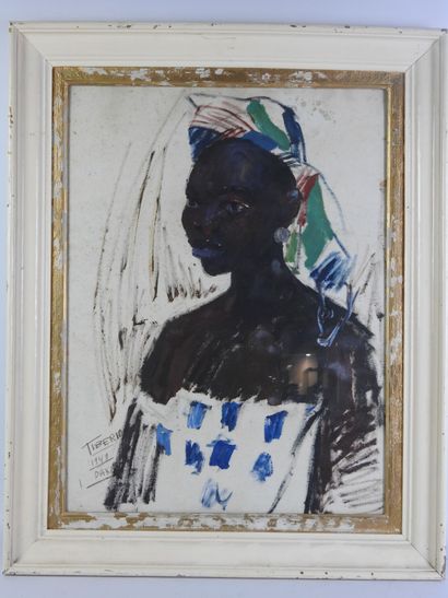 null Wilson TIBERIO (1920-2005, Brésil) : Portrait d'africaine. Huile sur papier....