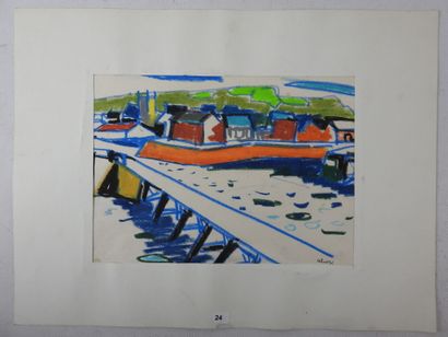 null Claude ALIOTTI (1925 - 1989) : Ville portuaire. Pastel, crayon gras. Signé en...