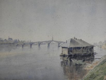 null Ecole française du XXème siècle: Vue du pont de Blois. Aquarelle sur papier....