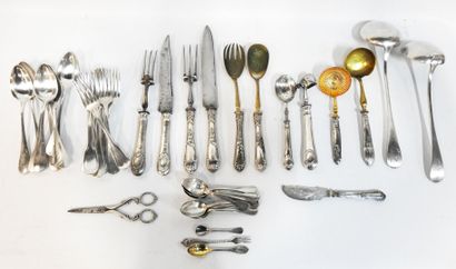 null Set of silver plated cutlery including : Ladle, forks, spoons and handles in...