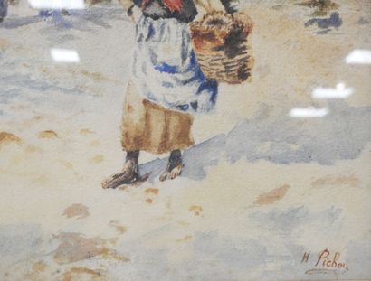 null Hélène PICHON - XIXth-XXth centuries
Woman collecting shells.
Watercolor. Signed...