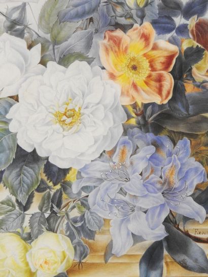 null Fanny BURAT (1838-?)
Nature morte au bouquet de fleurs reposant sur une rambarde...