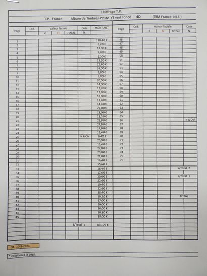 null FRANCE 1 album vert foncé Yvert & Tellier de timbres-poste neufs non-oblitérés,...