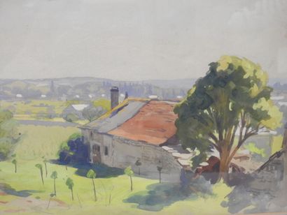null René PEAN (1875-1955) : Sarthe landscapes. Gouache and watercolor on paper....