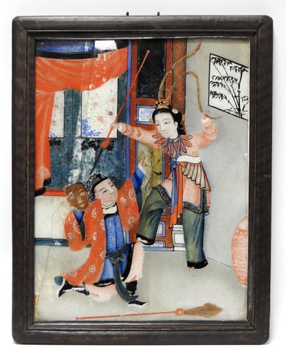 null CHINA - XXth century
Polychrome painted glass representing two characters having...
