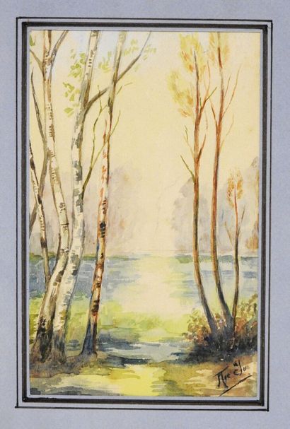 null FRENCH SCHOOL - XXth century
The pond and the lake.
Pair of watercolors. Bears...