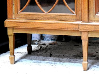 null English style display case in natural wood, burr veneer and marquetry decoration...