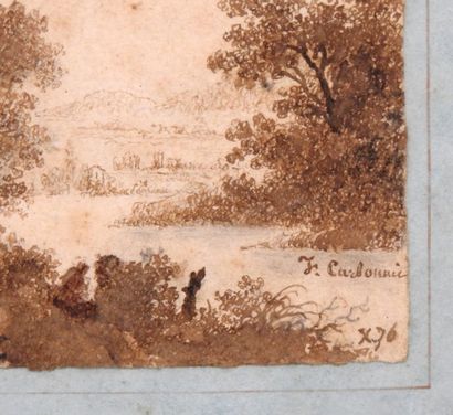 null J. CARBONNIER - XIXth century
Scene of rest in edge of a river.
Drawing in ink....
