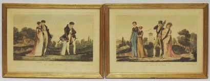 null Pair of lithographs in colors representing "The Coquette and her daughters"...