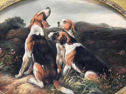 null S. ROY - XXth century
The three hunting dogs
Oil on panel. Signed lower right.
30...