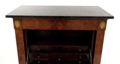 null Mahogany and mahogany veneer secretary, opening with a flap and four drawers...