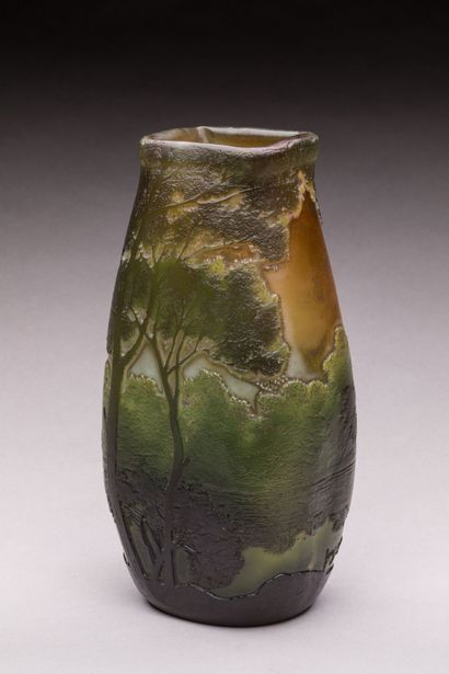 null LEGRAS. Ovoid vase with quadrangular neck. Glass proof with double-sided landscape...