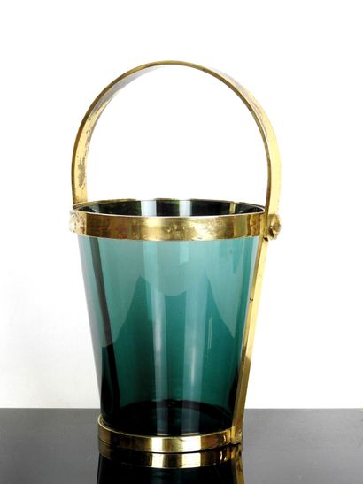 null FONTANA ARTE (dir. Max Ingrand), Ice bucket in smoked blue glass and gilt bronze....