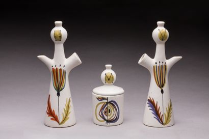 null Roger CAPRON (1922-2006): Glazed ceramic condiment set including oil cruet,...