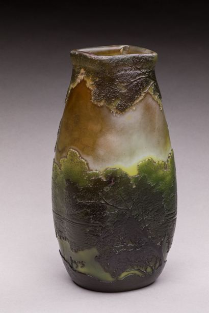 null LEGRAS. Ovoid vase with quadrangular neck. Glass proof with double-sided landscape...