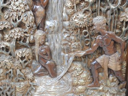 null Bathing at the spring. Relief in carved wood with gold highlights. Bears a gilded...