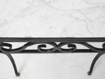 null Wrought-iron LOW TABLE with rectangular white veined marble top resting on a...