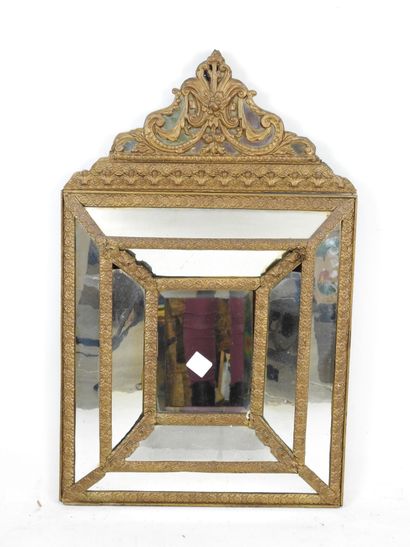 null SMALL MIRROR with glazing beads in wood and brass chased with florets, topped...