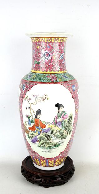 null CHINA: Porcelain baluster vase with polychrome enamel decoration of women in...
