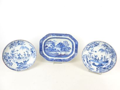 null CHINA: Pair of blue-white porcelain plates decorated with an animated scene....