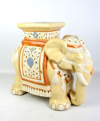 null Cream ceramic ELEPHANT with openwork and incised decoration. 20th century. H...