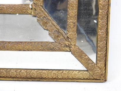 null SMALL MIRROR with glazing beads in wood and brass chased with florets, topped...