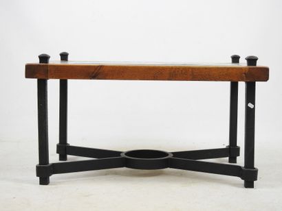 null Brutalist LOW TABLE with carved stone and wood top, wrought-iron base. H. 47...