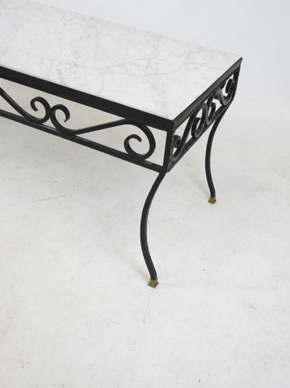 null Wrought-iron LOW TABLE with rectangular white veined marble top resting on a...