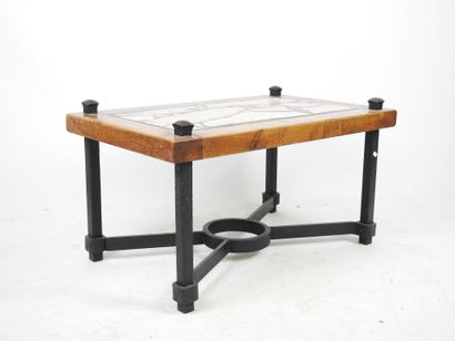 null Brutalist LOW TABLE with carved stone and wood top, wrought-iron base. H. 47...