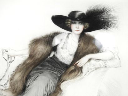 null Maurice MILLIEGE (1871-1946)
Élégante au chapeau.
Gravure en couleurs, signée...