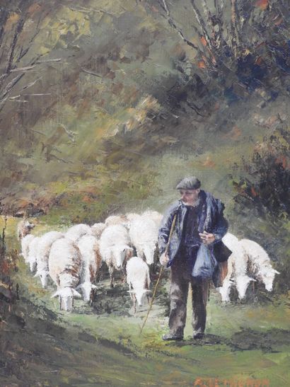 null A. LE MIGNON - XXème
Le berger et ses moutons
Huile sur toile, signée en bas...