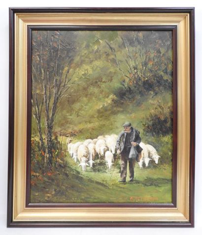 null A. LE MIGNON - XXème
Le berger et ses moutons
Huile sur toile, signée en bas...