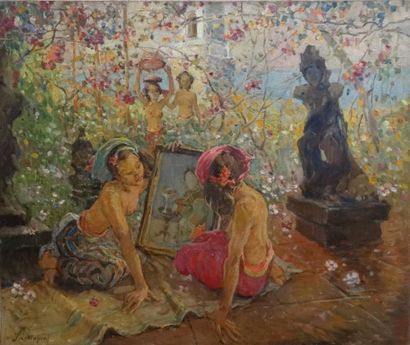 Femmes de Bali contemplant un tableau. Huile...