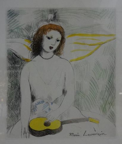 Marie LAURENCIN (1883-1956) Jeune femme à la guitare. Eau-forte en couleur. 20x16,5...