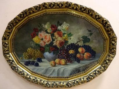 Albert WEBER (né en 1859, école suisse) Nature morte aux roses et aux fruits. Huile...