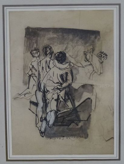 Jacques VILLON (1875-1963) Etude de personnages. Encre, plume et rehauts. Signé en...