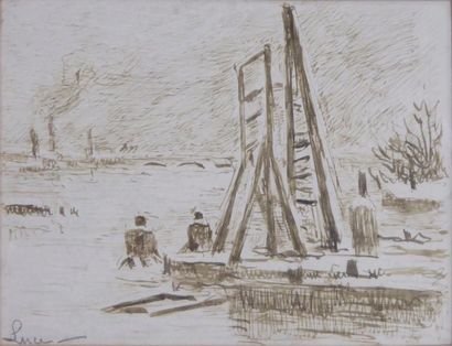 null Pont Mirabeau, Paris, inondations 1914. Lavis de bistre. Porte une signature...