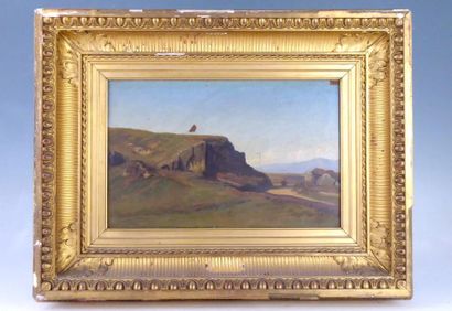 null Ecole FRANCAISE du XIXe siècle : Paysage aux rochers. Huile sur toile. Non signé....