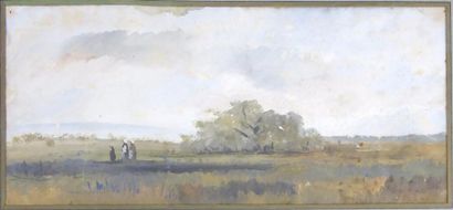 null Trois personnages dans les champs. Huile sur papier. 14 x31 cm. En feuille....