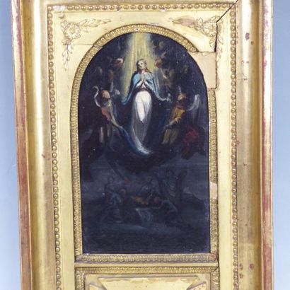 null Ecole du XIXème siècle : Assomption de la Vierge. Huile sur carton. 26 x 14...