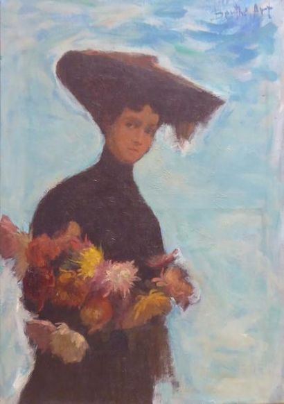 null Berthe ART (1857-1934) : Femme aux fleurs. Huile sur toile. Signé en ahut à...