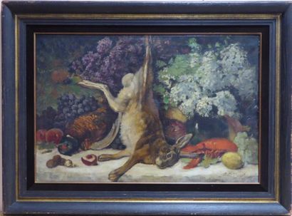 null H. de CLERCK (XIXème siècle): Nature morte au lièvre et homard. Huile sur toile....