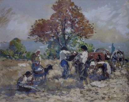 null Fernand MAILLAUD (1863-1948): Scène de récolte. Gouache aquarellée. Signé en...