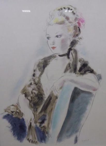 null André DIGNIMONT (1891-1965) : Portrait de femme. Dessin au crayon et aquarelle....