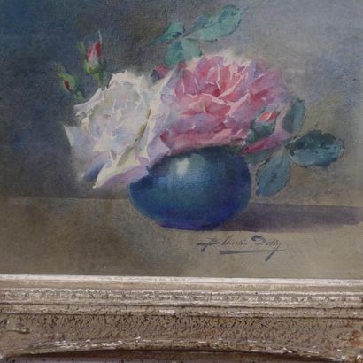 null Blanche ODIN (1865-1957): Roses dans un vase sur entablement. Aquarelle. Signé...