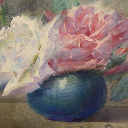 null Blanche ODIN (1865-1957): Roses dans un vase sur entablement. Aquarelle. Signé...